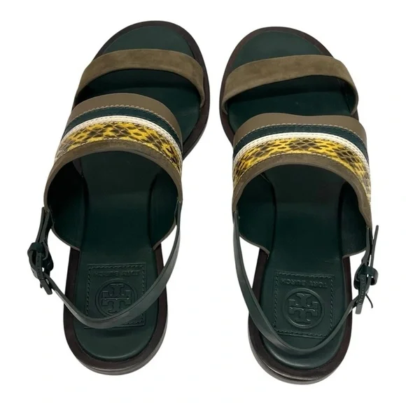 Tory Burch Edina Green Leather Colorblock Slingback Soho Lux Sandals Women’s 8.5 - Picture 8 of 16